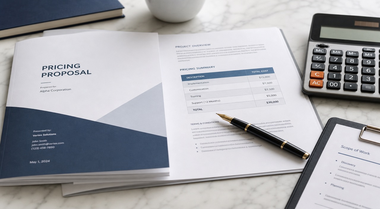 Business documents, calculator, and pen on a desk