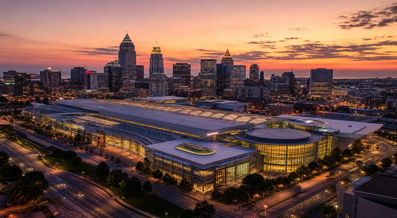 Aerial view of a downtown skyline at golden hour