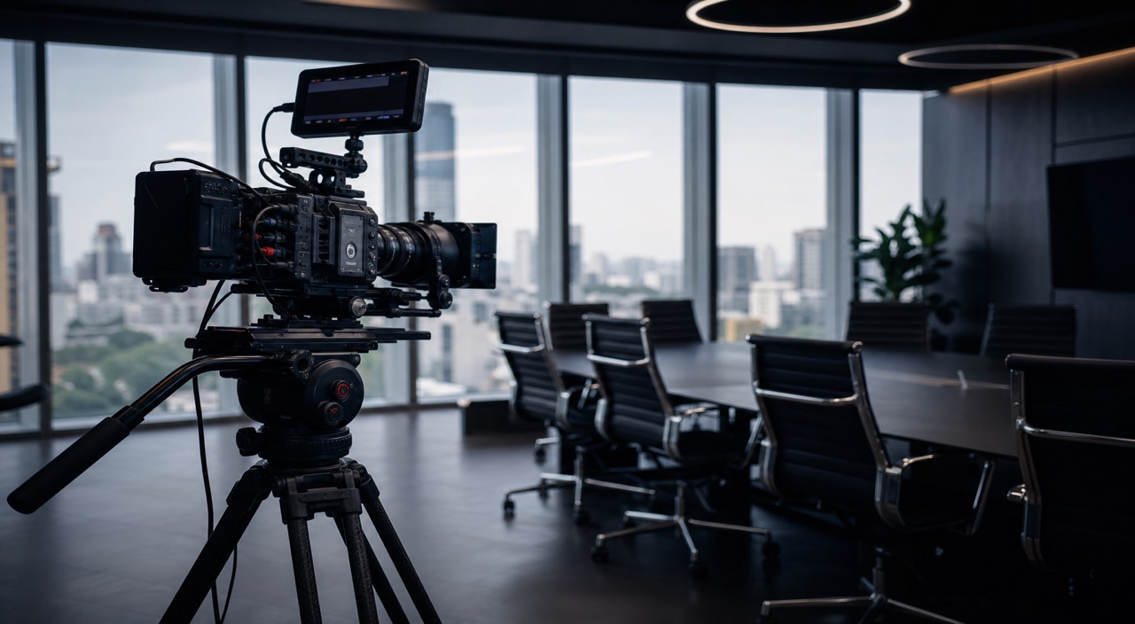 Professional video cameras and tripods in a modern production studio